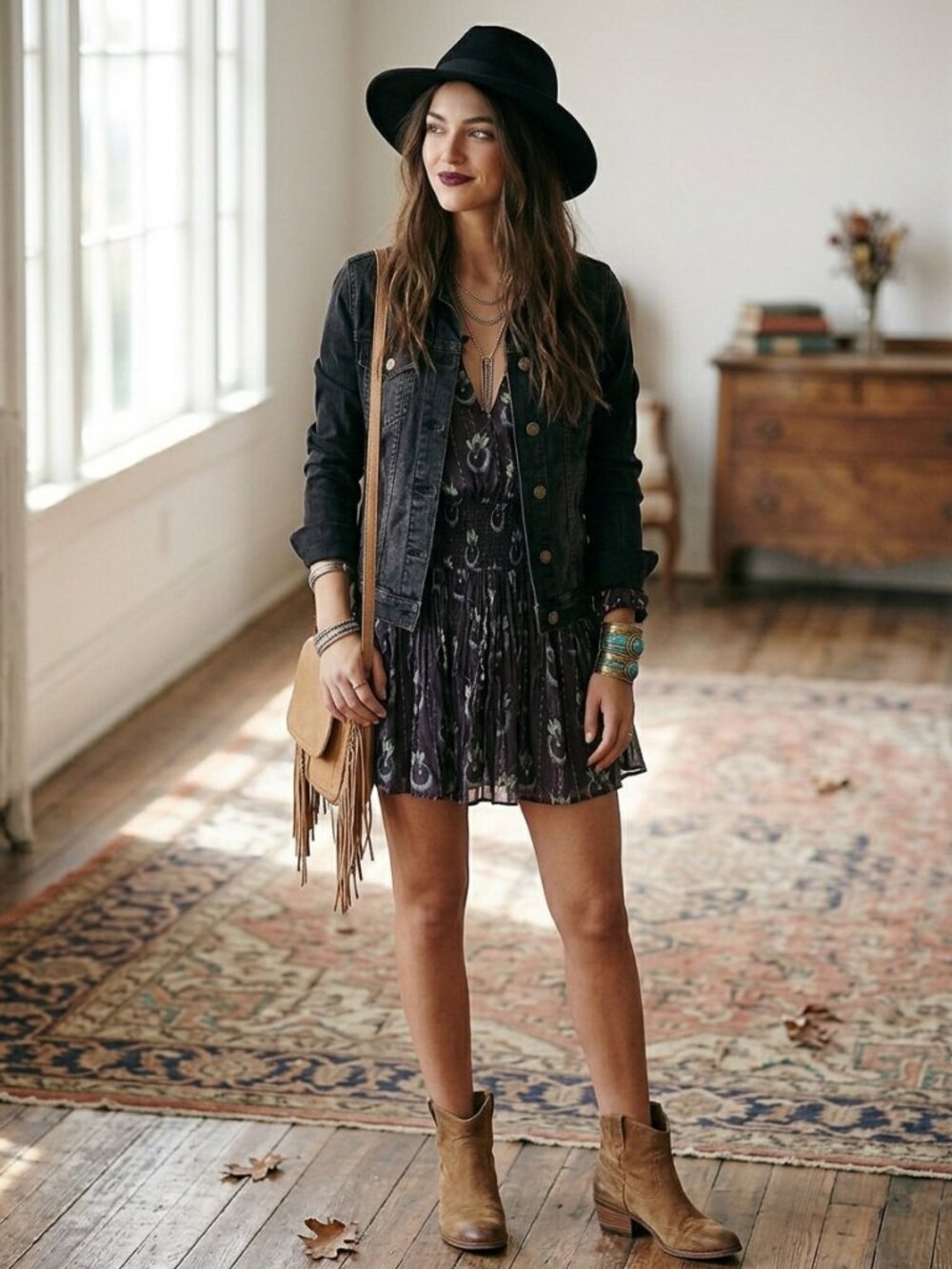 Free People Wild Horses Printed Smocked Long Sleeve Mini Dress XS Black Floral